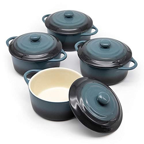 Kook Ceramic Mini Cocotte Set, 4 Individual Casserole Dishes with Lids, 12 oz