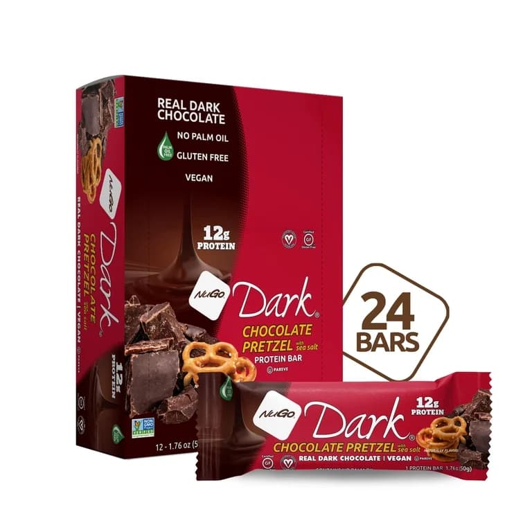 NuGo Dark, Pretzel w/SS, 12g Vegan Protein Bar, Gluten Free, 24 Count